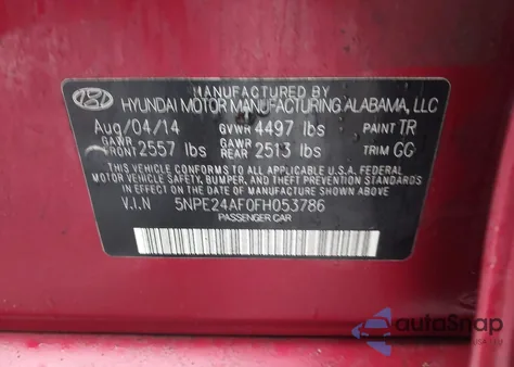 2015 Hyundai Sonata Se from USA, damaged, VIN 5NPE24AF0FH053786